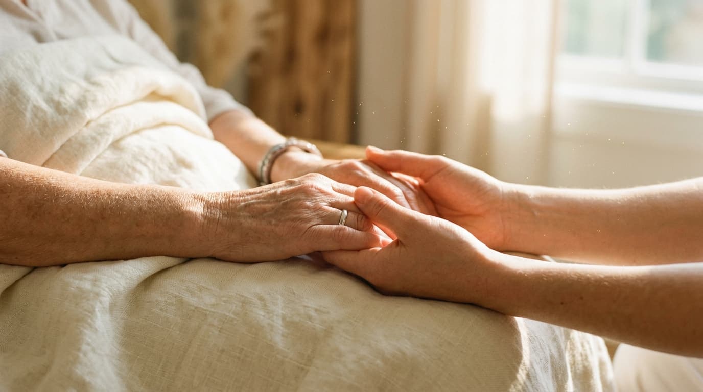 Mãos acolhedoras transmitindo calor humano e presença em cuidados paliativos