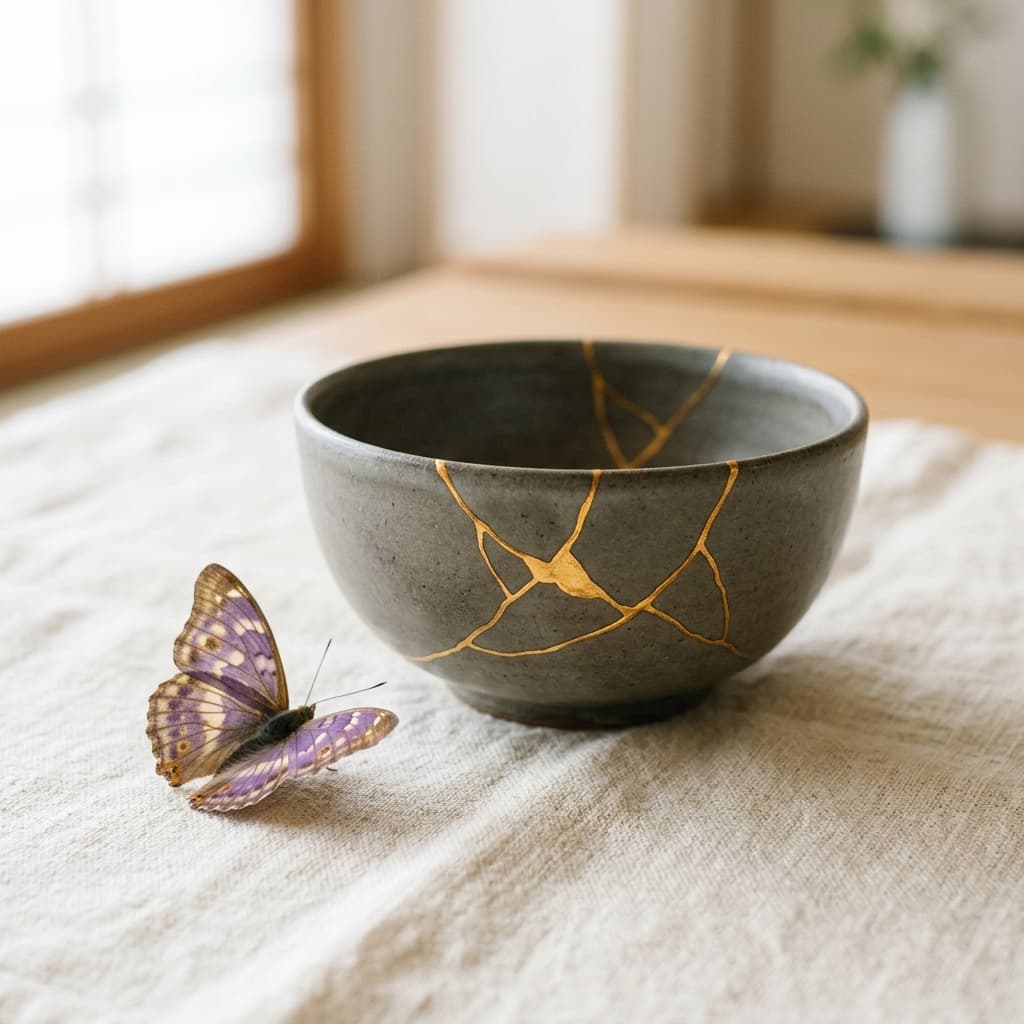 Cerâmica restaurada com fios de ouro kintsugi ao lado da borboleta